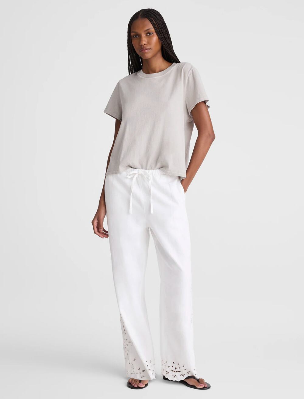 Madewell Embroidered Denim Pull-On Pants tile white Rigid Wide Leg Large NWT